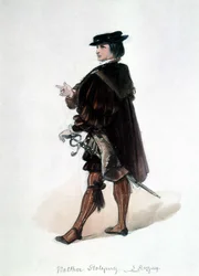 The Master Singers of Norymberga (Die Meistersinger von Nürnberg), opera stworzona przez Richarda Wagnera: kostium Walthera von Stolzing do pierwszego przedstawienia. Muzeum Wagnera w Bayreuth.