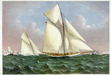 Mayflower, żaglówka, która zdobyła regaty Pucharu Ameryki, jest witana przez flotę w Zatoce Nowojorskiej. 07.09.1886 XIX-wieczna litografia