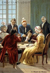 Wiadro Mesmera (Frederic Antoine Mesmer - Franz Anton Mesmer). Doświadczenie Mesmera (1734 - 1815), niemieckiego lekarza, który twierdził, że odkrył „magnetyzm zwierzęcy”. chromolitografia z XIX wieku.