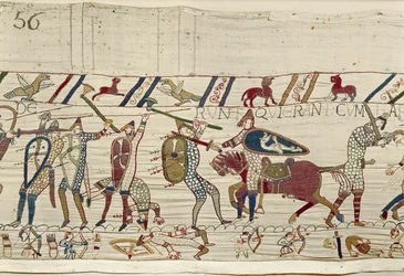 Normanowie walczą i zabijają tych, którzy byli z królem Haroldem, Gobelin z Bayeux (haft z wełny na płótnie)