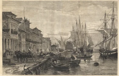 Nabrzeże Boa Vista, w San Pedro de Rio Grande do Sul, port morski Brazylii - Le quai de Belle-Vue, San Pedro de Rio Grande (Brazylia) - Kapitan Sao Pedro do Rio Grande do Sul - Grawerowanie od “ „Wspaniały Wszechświat” 1866