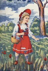 Czerwony Kapturek ma kwiaty. Ilustracja do „Czerwonego Kapturka”, opowiadania Charlesa Perraulta (1628-1703), francuskiego pisarza. Anonimowa ilustracja. Zdjęcia Marcel Vagne, Jarville Nancy, bez daty (koniec XIX wieku).