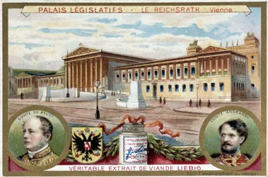 Pałac Reichsrath, Wiedeń (Austria), z portretami hrabiego Friedricha Ferdinanda de Beust (1809-1886) i hrabiego Gyuli Andrassy (1823-1890) - chromolitografia Liebiga