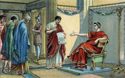 Cesarz rzymski Konstantyn (272-337) ustanowił pierwsze prawa religijne dotyczące równości wyznań. Chromolitografia z końca XIX wieku.