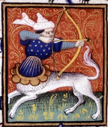 Strzelec. Miniatura horoskopu. Rękopis z XV wieku. Biblia Trivulziana, Mediolan.