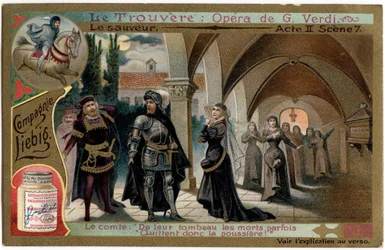 Scena Save Act II 7.Ilustracja do opery „Znalezisko” (Truvatore) Giuseppe Verdiego (1813-1901). Chromolitografia (Chromo) Liebig z końca XIX wieku.