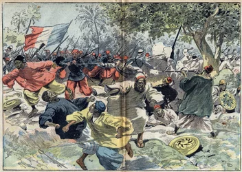 Sudańskie wojska Samory Toure (ok. 1835-1900) zostały umieszczone za brzegami rzeki Cavalby przez francuską kolonię pod dowództwem porucznika Walfela. Sudan, 9 września 1898 r. Ilustracja w „”Le Pelerin”” z 9 października