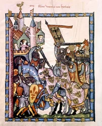 Szwajcarski poeta i rycerz Graf Werner von Homberg (1284-1320) na usługach cesarza Henryka VII oblegał warownię bronioną przez wojska Angevine na Sycylii. Miniatura Kodeksu „Manesse” lub „Manessesche Liederhandschrift”, przy której znajduje się rękopis