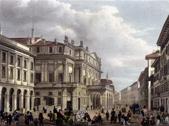 Teatro alla Scala w Mediolanie na początku XIX wieku. Grawerowanie okresu. Museo della Scala de Milan