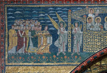 Wizja Niebiańskiej Jerozolimy: Wybrani zmierzają w kierunku miasta strzeżonego przez aniołów. Szczegół. Mozaika około 830. Łuk triumfalny bazyliki Santa Prassede, Rzym
