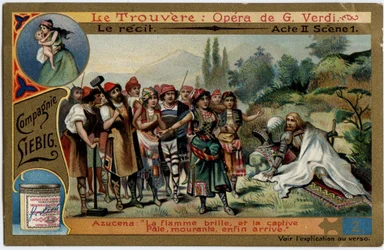 Akt II scena 1.Ilustracja do opery „Znalezisko” (Truvatore) Giuseppe Verdiego (1813-1901). Chromolitografia (Chromo) Liebig z końca XIX wieku.