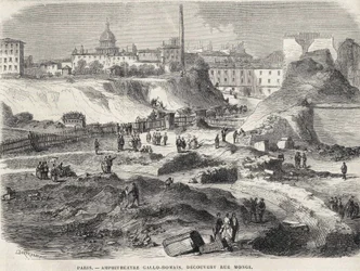 Amfiteatr Gallo Romain odkrył w 1870 roku przy Rue Monge w Paryżu, dziś Arenes de Lutèce. Rycina XIX wieku.