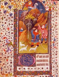 Ogłoszenie dla pasterzy Miniatura z Księgi Godzin Izabeli Kastylijskiej znanej jako Izabela Iere Katolicka (1451-1504) XV-wieczna Sewilla, Biblioteca Colombina