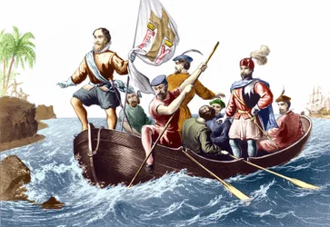 Przybycie Krzysztofa Kolumba do San Salvador w dniu 12.10.1492. Grawerowanie v. 1876.