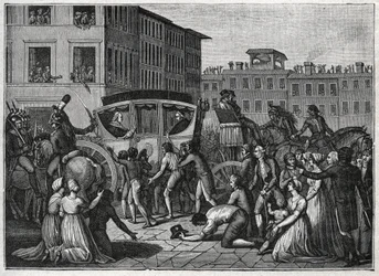 Przybycie papieża Piusa VI (Giovanni Angelo Braschi dit Pius VI, PIO 1717-1799) do Grenoble w 1799 roku. Rycina z 1800 roku.