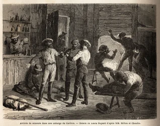 Przybycie górników do karczmy Caribou (Kanada), sceny relaksu i spotkania, przy drinku. Grawer ilustrujący podróż z Atlantyku na Pacyfik (route du nord ouest par les terres), w latach 1862-1864 autorstwa wicehrabiego Miltona i doktora Cheadle,