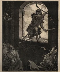 Sztuka szkła: malowane witraże. Żołnierze Teodoryka rozbijają witraż, aby wejść do kościoła Brioude (Haute Loire) w 521 roku. Rycina z 1885 roku w „Les arts et metiers illustres” Adolphe BITARD.