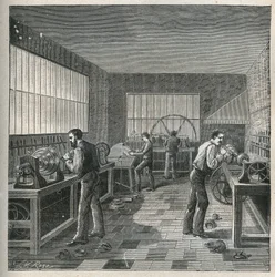 Sztuka tokarska: obróbka metalu w warsztacie tokarza-odpychacza. Grawer z 1885 roku w „Les arts et metiers illustres” Adolphe BITARD.