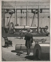 Sztuka zwiedzania: strzelanie z armaty stalowego potwora. Grawer z 1885 roku w „Les arts et metiers illustres” Adolphe BITARD.