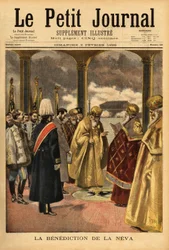 Błogosławieństwo Newy, rosyjskiej tradycji, która odbywa się co roku w Petersburgu podczas objawienia. Grawerowanie w „”Le petit journal”” 3.02.1895. Kolekcja Selvy.
