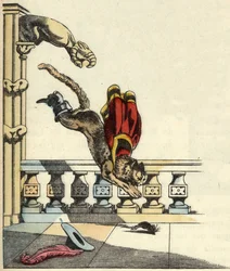 Kot-but, prosząc ogra, aby zamienił się w mysz, skacze, by go pożreć. Ilustracja do bajki Charlesa Perraulta „Le chat botte”