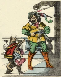 Kot buta spotyka ogra. Ilustracja do bajki „Kot botte” Charlesa Perrault
