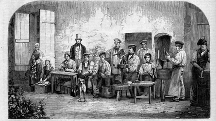 Butelkowanie wina szampana. Grawerunek z 1864 roku.