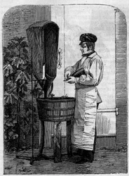Butelkowanie wina szampana. Grawerunek z 1864 roku.