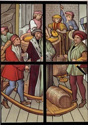Piwowarzy. Litografia z witrażu katedry w Tournai z XV wieku. 19 wiek. Paryż, sztuka dekoracyjna