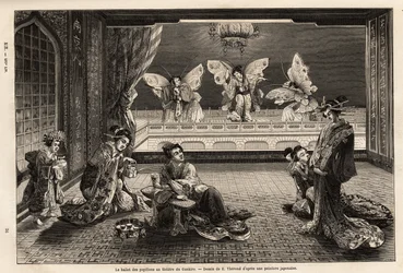 Balet motyli w Teatrze Gankiro w Miyozaki Pleasure District w Jokohamie. Grawer ilustrujący podróż do Japonii autorstwa Aime Humberta, ministra Konfederacji Szwajcarskiej, w latach 1863-1864, opublikowany w „”le tour du monde””, pod tytułem