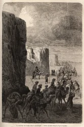 Karawana hadżów (muzułmańskie peleryny) w Korantaghi (Persja, Iran). Rysunek Emile Bayard (1837-1891), ilustrujący podróż do Azji Środkowej w 1863 roku, autorstwa Arminiusa Vambery