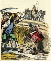Kot zmusza wieśniaków do powiedzenia, że pole, na którym koszą pszenicę, należy do markiza de Carabas. Ilustracja do bajki „Kot botte” Charlesa Perrault