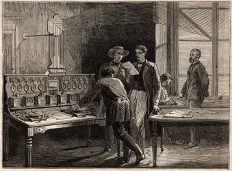 Centralna stacja telegraficzna w fabryce Creusot. Grawerowanie ilustrujące podróż do Creusot i kopalni Saone i Loire, w 1865 r., L. Simonin, w „Le tour du monde, nouveau journal des voyages” opublikowanym pod kierownictwem Edouarda C.