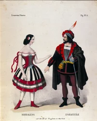 Postacie Maddaleny i Sparafucile w III akcie opery „Rigoletto” kompozytora Giuseppe Verdiego (1813-1901)
