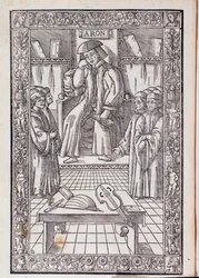 Kompozytor i teoretyk muzyki Pietro Aaron jako przewodniczący wśród swoich uczniów. Ilustracja z Toscanello w muzyce