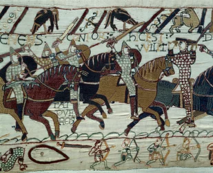 Podbój Anglii przez armię księcia Normandii Wilhelma Zdobywcy (1027-1087): Książę Guillaume zostaje rozpoznany przez swoich żołnierzy po podniesieniu hełmu podczas bitwy pod Hastings Fragment gobelinu z Bayeux lub haftu królowej Matyldy