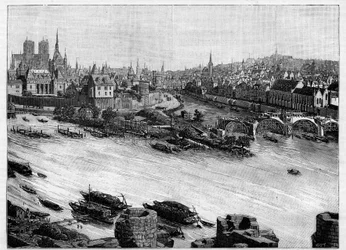 Budowa mostu Pont Neuf w Paryżu przechodzącego przez Square du Vert-Galant na końcu Ile de la Cite. Pierwsze prace w 1578 r. Grawer w „Le Monde illustrious””