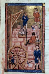 Budowa Wieży Miniatury Babel z rękopisu „Historia powszechna”” około XIII wieku. Biblioteka Miejska w Dijon