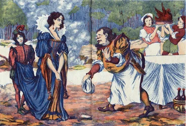 Kucharz odpowiada księżniczce, że przygotowuje ucztę weselną Riquet. Anonimowa ilustracja do „Riquet a la houppe”, opowiadania Charlesa Perraulta (1628-1703), francuskiego pisarza. Zdjęcia Marcel Vagne, Jarville Nancy, bez daty (koniec XIX wieku).