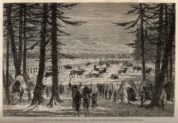 Koral do polowania na renifery w Co-Yukon (co-Yukon lub co-Youkouk) (indyjskim plemieniu skrajnej północnej Kanady). Grawerowanie ilustrujące podróż i przygody w angielskiej Kolumbii, wyspie Vancouver i Alasce, autorstwa Fredericka Whympera