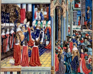 Koronacja świętego króla Ludwika (Ludwika IX) (1214-1270) w dniu 29/11/1226 w katedrze w Reims. Miniatura z rękopisu „Księga czynów monsignora świętego Ludwika”. XV wiek. Paryż, B.N.