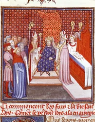 Koronacja świętego Ludwika (1214-1270) w 1226 roku. Miniatura z „Wielkich kronik Francji” Jeana Froissarta (1337-1400), XIV wiek. Chantilly, Muzeum Condé