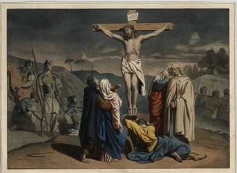 Ukrzyżowanie Chrystusa. Na krzyżu napis „INRI”. Anonimowy rycina z połowy XIX wieku.