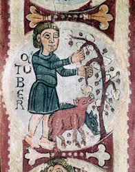 Cykl miesięcy: październik: zbiór żołędzi. Fragment fresku z XII wieku z Królewskiego Panteonu Real Colegiata of San Isidoro (Royal Collegiale of Saint Isidore). Leona.