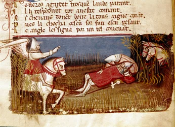 Śmierć rycerza Rolanda, bratanka Karola Wielkiego, podczas bitwy pod Roncevaux, 778 Miniatura zabrana z „”Entree of Spain””. Wenecja z XIV wieku, Biblioteca Marciana.