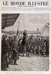 Odejście Kompanii 200 Pułku. Powitanie flagi w Gare de Lyon. „” Świat Ilustrowany””. 23.03.1895. Rysunek.