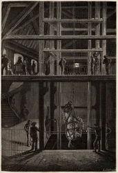 Zjazd konia w kopalniach Creusot, używany w podziemnych tunelach do transportu wozów z węglem. Grawerowanie ilustrujące podróż do Creusot i kopalni Saone i Loire, w 1865 r., L. Simonin, w „” Le tour du monde, nouveau journal des