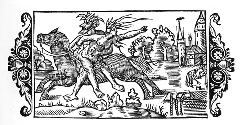 Diabeł niosący wiedźmę - w "Historii narodów Północy" Olausa Magnusa, Rzym 1555