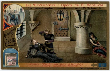 Katastrofa akt IV scena 4. Ilustracja do opery „Znalezisko” (Il trovatore) Giuseppe Verdiego (1813-1901). Chromolitografia (Chromo) Liebig z końca XIX wieku.