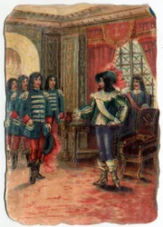 Rozdźwięk między trzema muszkieterami a gwardią kardynała Julesa Mazarina (Giulio Raimondo Mazzarino lub Mazarino) (1602-1661). Chromolitografia XIX wieku.